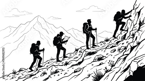 Silhouette hikers trekking along steep mountain trail with backpacks and trekking poles, adventure hiking journey, outdoor exploration, teamwork, climbing concept illustration