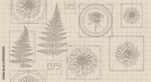 Botanical blueprint illustration with floral and fern elements on beige grid