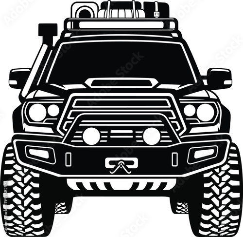 Black and White Illustration of a Rugged OffRoad Vehicle.