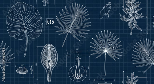 Botanical blueprint illustration with palm leaves and floral elements