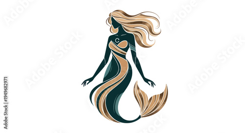 Elegant mermaid silhouette with flowing hair and tail on white background