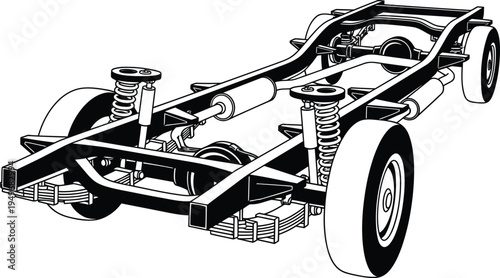 Automotive Chassis Frame with Suspension and Wheels Illustration.