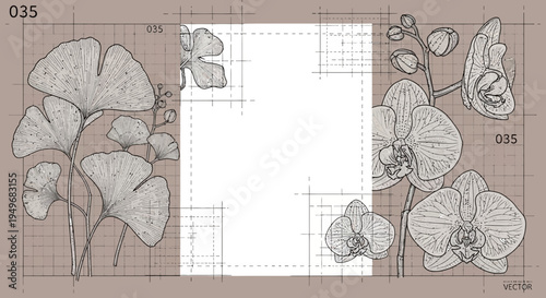 Botanical illustration of ginkgo leaves and orchid flowers with copy space
