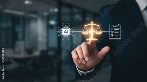 Businessman touching glowing law scales icon with AI and policy document symbols. Concept of artificial intelligence governance, digital ethics, legal compliance, and corporate regulations.