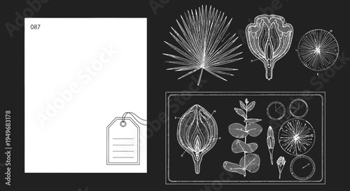 Botanical illustration of leaf structures with label and blank paper