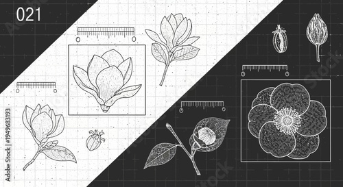 Botanical illustration of magnolia and other flowers with detailed outlines