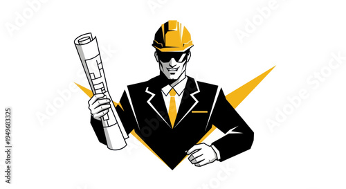 Professional engineer with blueprint illustration on white background