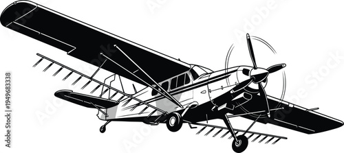 Black and white illustration of an agricultural crop duster airplane in flight.