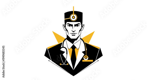 Professional illustration of a doctor in uniform with stethoscope