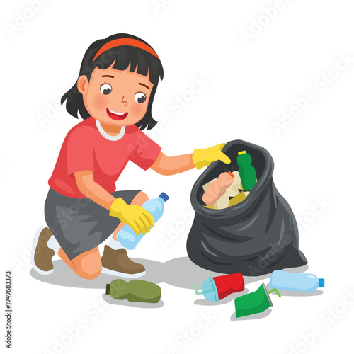 Little girl picking up plastic bottles into trash bag for recycling 