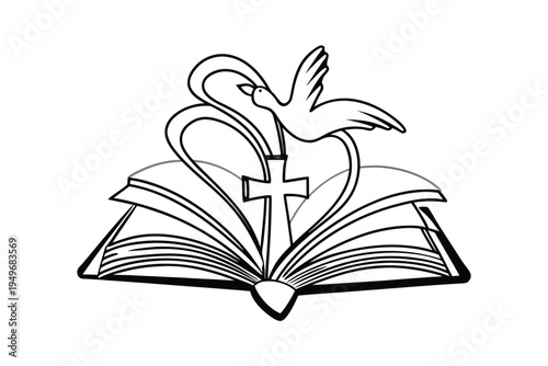Christian Symbol of Open Bible Cross Dove and Heart.