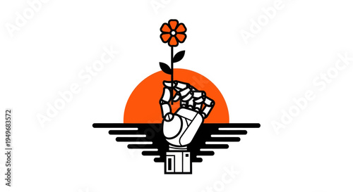 Robotic hand holding flower against sunset vector illustration