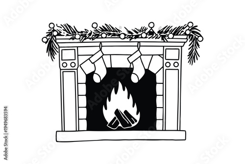 Christmas Fireplace with Stockings and Garland Line Art.