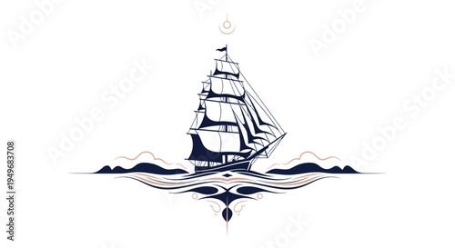 Sailing ship illustration against white background for graphic designs