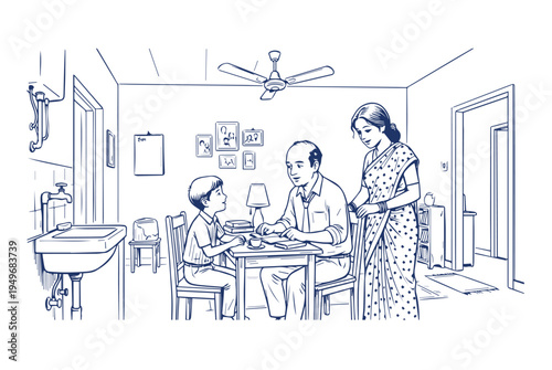 Father and son study together at a dining table while mother stands nearby in a detailed line art drawing of a domestic scene.