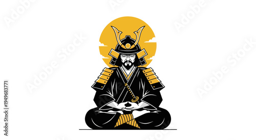 Samurai warrior in meditation with sun background vector illustration