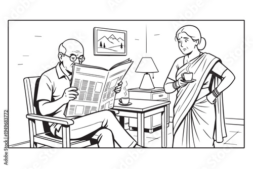 Elderly gentleman intently reads newsprint while his companion stands presenting a hot beverage in a detailed black and white domestic scene.