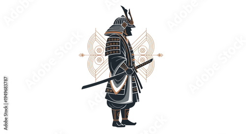 Samurai warrior in traditional armor silhouette with ornamental backdrop