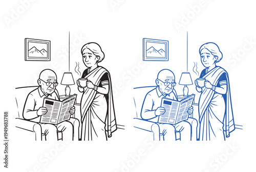 Elderly Indian couple stands indoors with the man reading a newspaper while the woman holds a steaming cup, presented in dual line art styles.