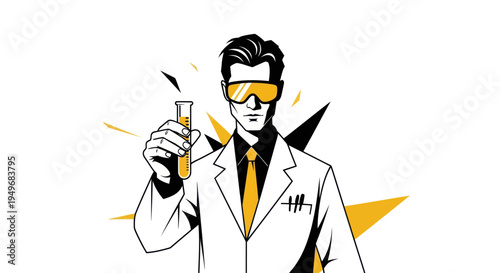 Scientist holding test tube in lab coat with abstract geometric elements
