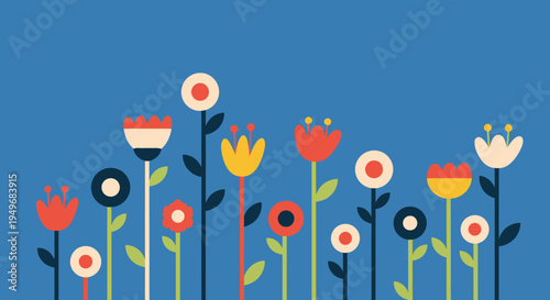 A vibrant and playful illustration of colorful spring flowers blooming gracefully against a bright blue background, perfect for cheerful designs, invitations, and captivating seasonal decorations