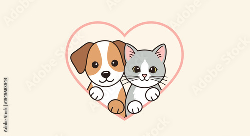 Cute Dog and Cat Inside Heart Pet Love Cartoon Illustration