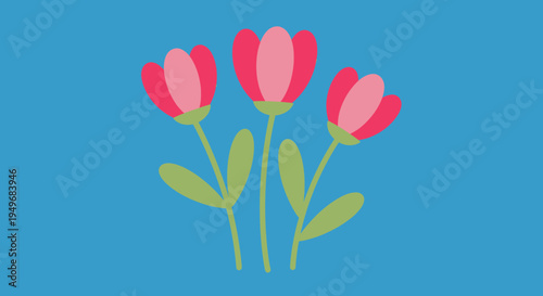 Vibrant graphic illustration of three charming pink flower blossoms with green stems, set against a serene blue background, perfect for spring designs and decorative elements