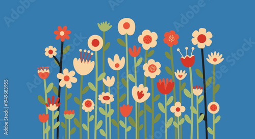 A vibrant illustration featuring a variety of colorful abstract flower designs against a solid blue background, evoking a sense of natural beauty and simplicity