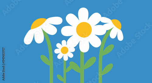Bright blue background with a cluster of cheerful cartoon daisies, a beautiful flower illustration