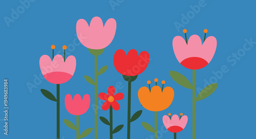 A vibrant illustration of cartoon flowers blooming in various sizes against a cheerful blue background, perfect for spring and happy designs