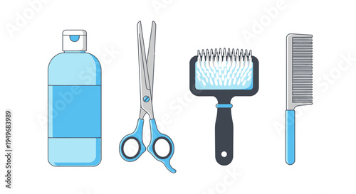 Pet Grooming Tools Set with Scissors Brush Comb and Shampoo Illustration