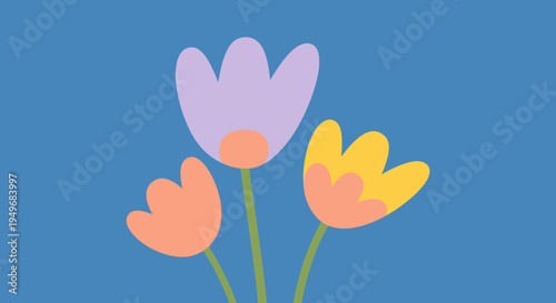 A delightful graphic illustration of three cheerful flower blooms in soft pastel shades, standing tall against a refreshing blue backdrop, bringing a touch of natural beauty