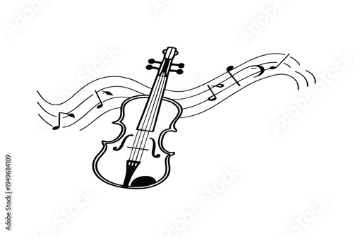 Elegant Violin with Flowing Musical Notes Illustration.