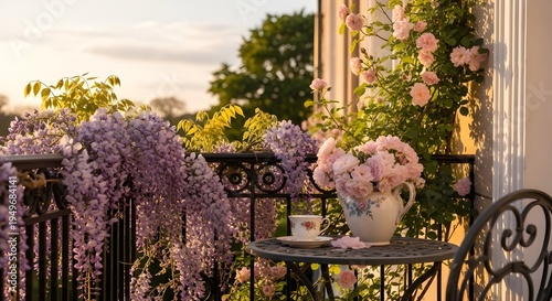 Romantic Regency balcony covered in cascading wisteria flowers and climbing roses. Small vintage wrought iron table with a delicate floral teacup and a ceramic pot filled with pale pink blossoms