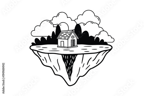 Floating Island House Surrounded by Clouds and Trees.