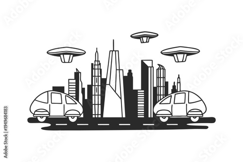 Futuristic Cityscape with Flying Cars and UFOs.