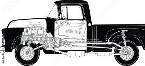 Detailed Cutaway Illustration of a Vintage Pickup Trucks Mechanical Components.