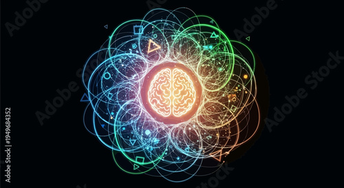 Abstract illustration of human brain with geometric energy and colorful connections