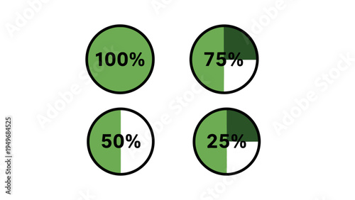 Percentage Pie Chart Graphics Set: 100%, 75%, 50%, 25% Circles, Vector Illustration for Business Reports and Data Visualization