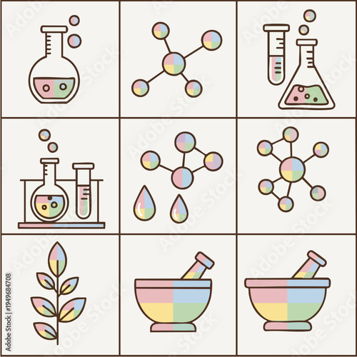Science laboratory icons and molecular glassware collection.