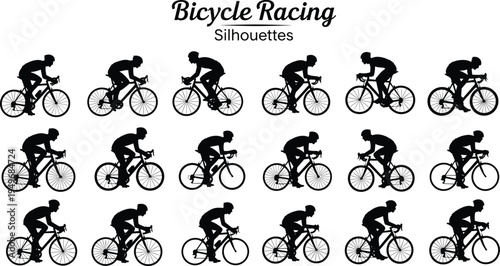 Bicycle racing cyclist silhouette set isolated on white background showing road bike riders in motion cycling race positions sporty vector illustration collection