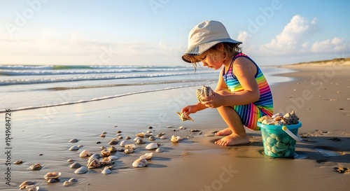 Child collecting seashells on beach