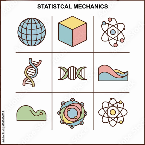 Statistical mechanics science icons grid concept.