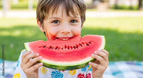 Child enjoying watermelon outdoors