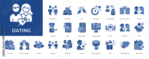 Dating Icon set Collection in Glyph Two Color Style. relationship, romance, love, attraction, couple, gift