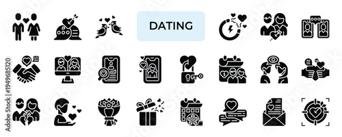 Dating Icon set Collection in Solid Glyph Style. relationship, romance, love, attraction, couple, gift