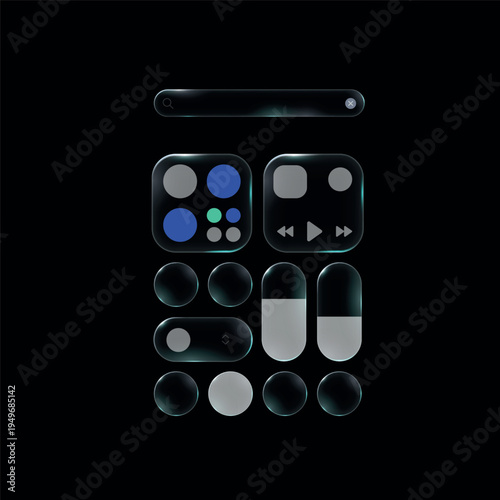 Glowy dark interface elements including toggles, buttons, and sliders are arranged against a black background for digital design concepts.