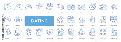 Dating Icon set Collection in Line Two Color Style. relationship, romance, love, attraction, couple, gift