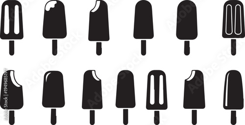 Black and white illustration of various ice cream pops
