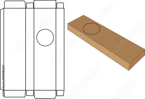 Packaging Box Dyeline Template with Circular Window Cutout and 3D Cardboard Box Mockup